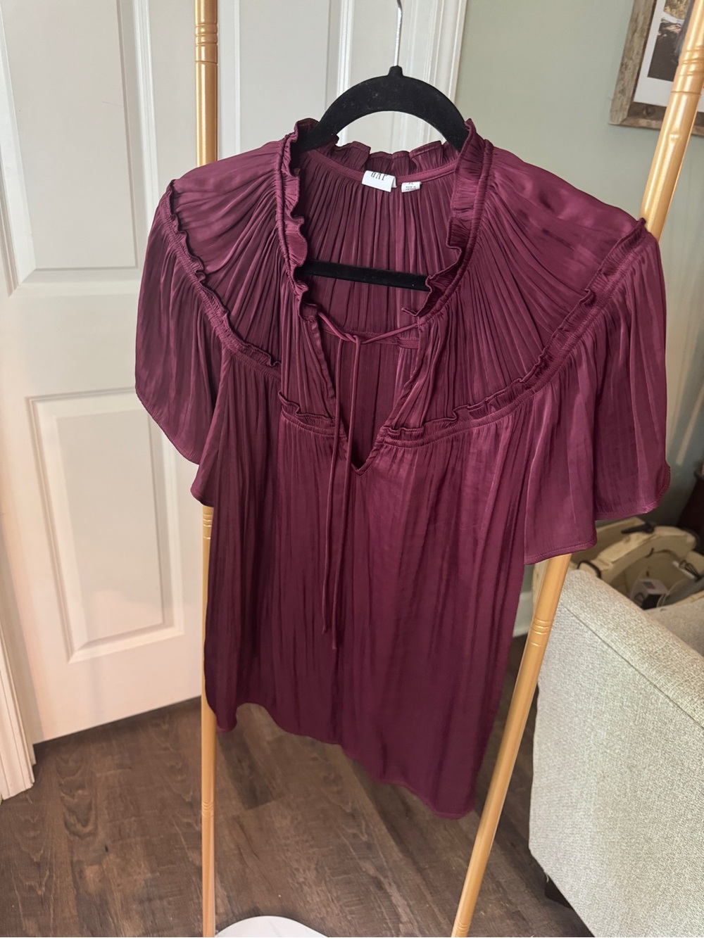 GAP Deep Plum Pleated Ruffle Tie-Front Blouse